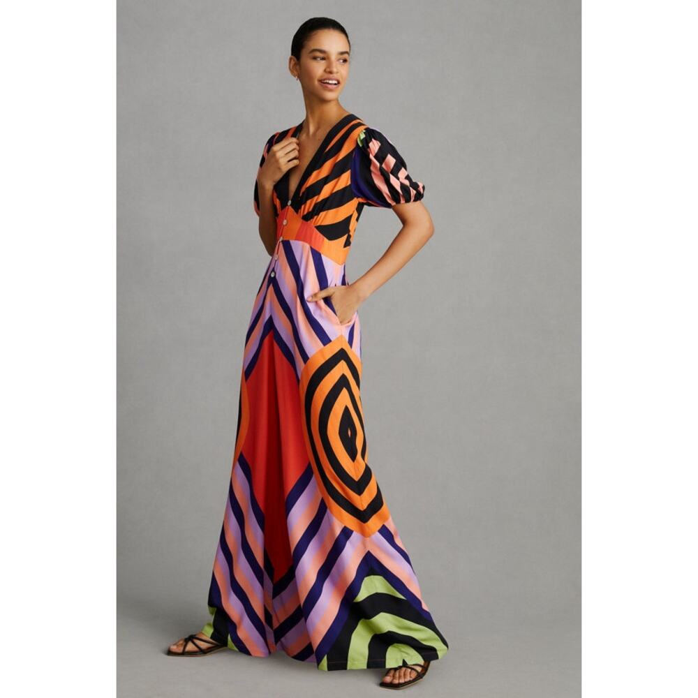 Farm Rio, Sz Small, Multicolor Stripe Jumpsuit, Wide Leg, V Neck, Good Condition